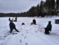 Pilkkikisat Sangin Valkeisella. Yritystä on kovasti mutta kala ei ollut syönnillä.